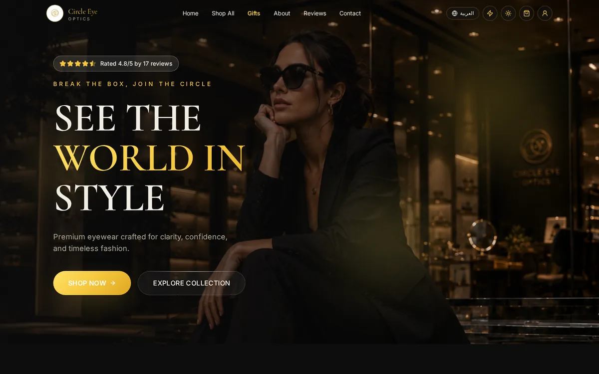 Homepage of CircleEyeOptics.com — Eyewear website built by Y Iconic